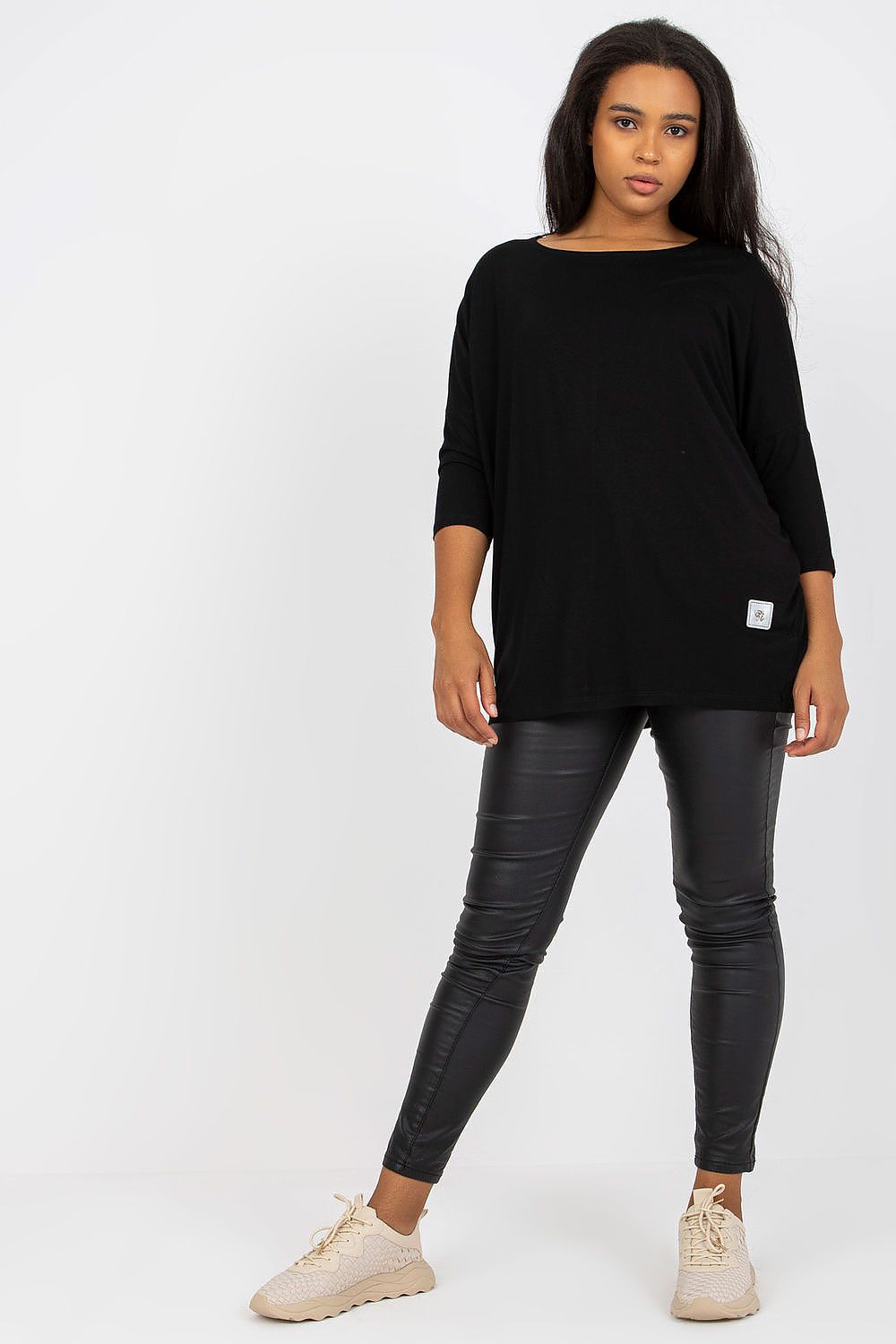 Damen Alltags Plus-Size Shirt, Bootsausschnitt & 3/4-Ärmel von Relevance schwarz