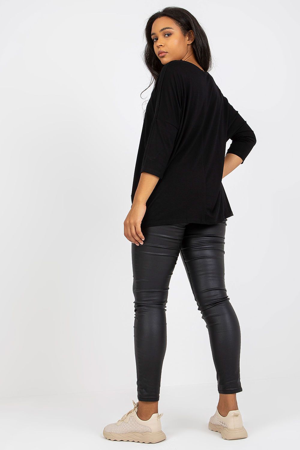 Damen Alltags Plus-Size Shirt, Bootsausschnitt & 3/4-Ärmel von Relevance schwarz Rückseite