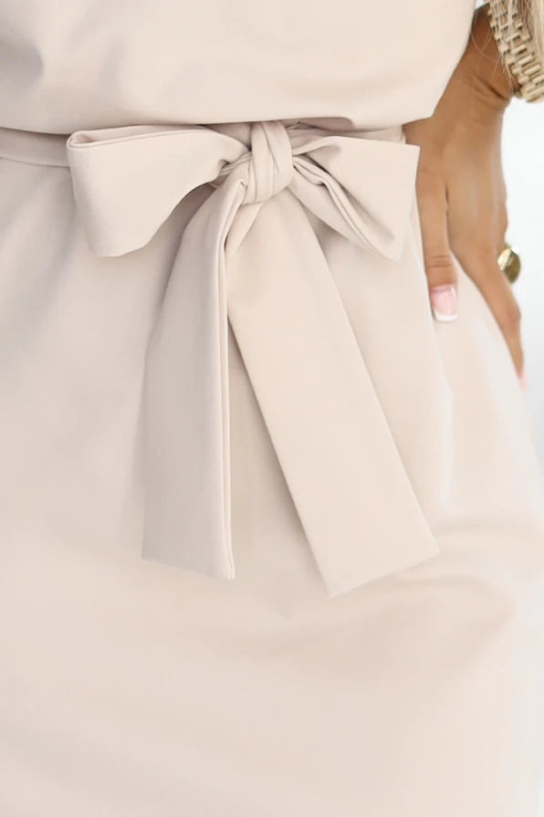 Damen Alltagskleid Minikleid mit Wasserfallausschnitt von Numoco beige Ausschnitt