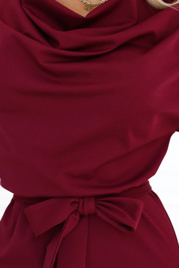Damen Alltagskleid Minikleid mit Wasserfallausschnitt von Numoco weinrot Ausschnitt