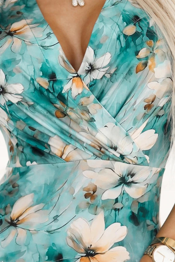 Damen Alltagskleid Minikleid mit Wickelausschnitt von Numoco beige Flower Ausschnitt
