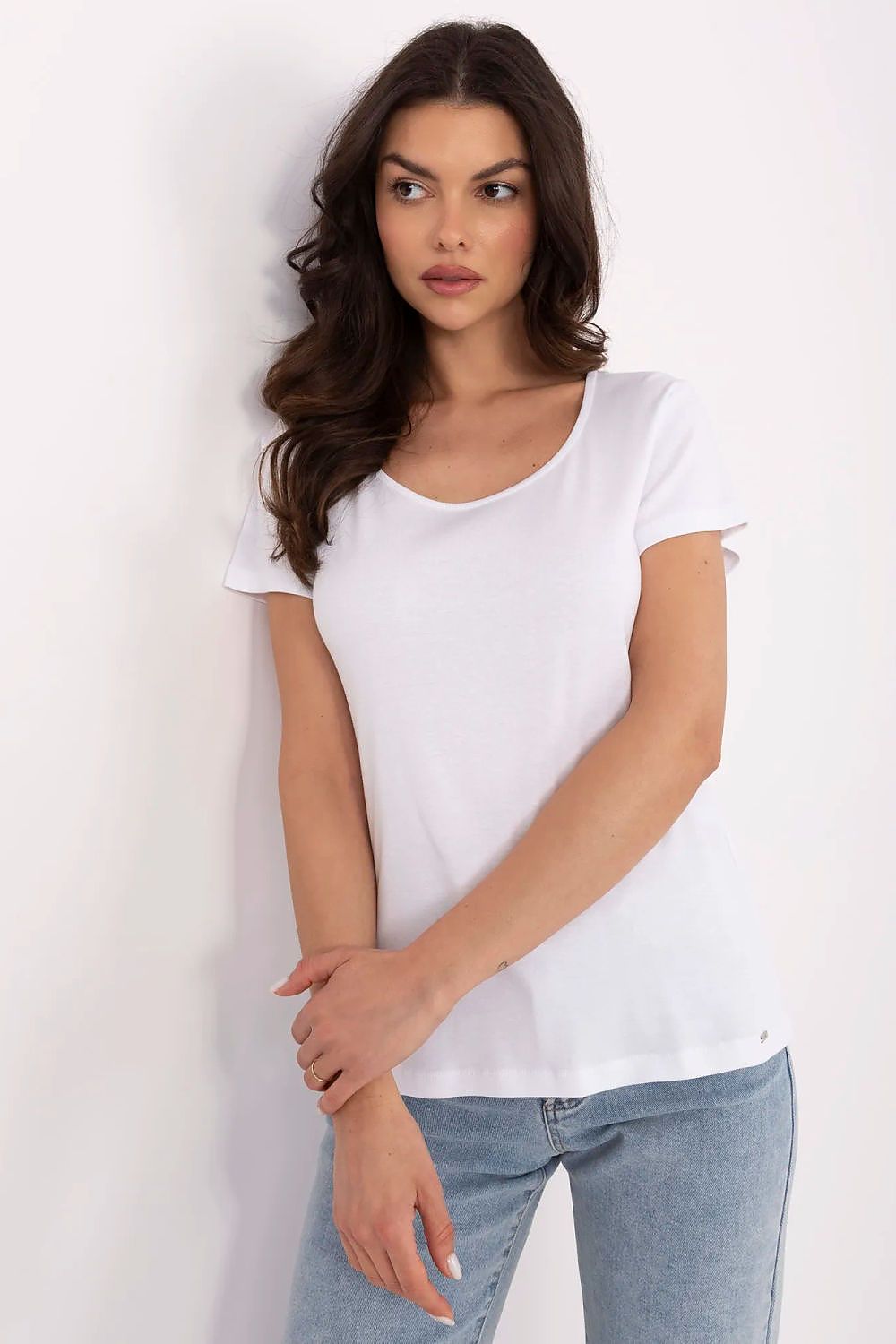Damen Basic Shirt Rundhals, Kurzarm & Baumwolle von Relevance Vorderseite weiß