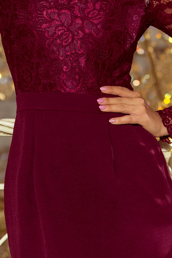 Damen Bleistiftkleid EMMA Spitze, lange Ärmel & Bordeauxrot Numoco Detail Ausschnitt