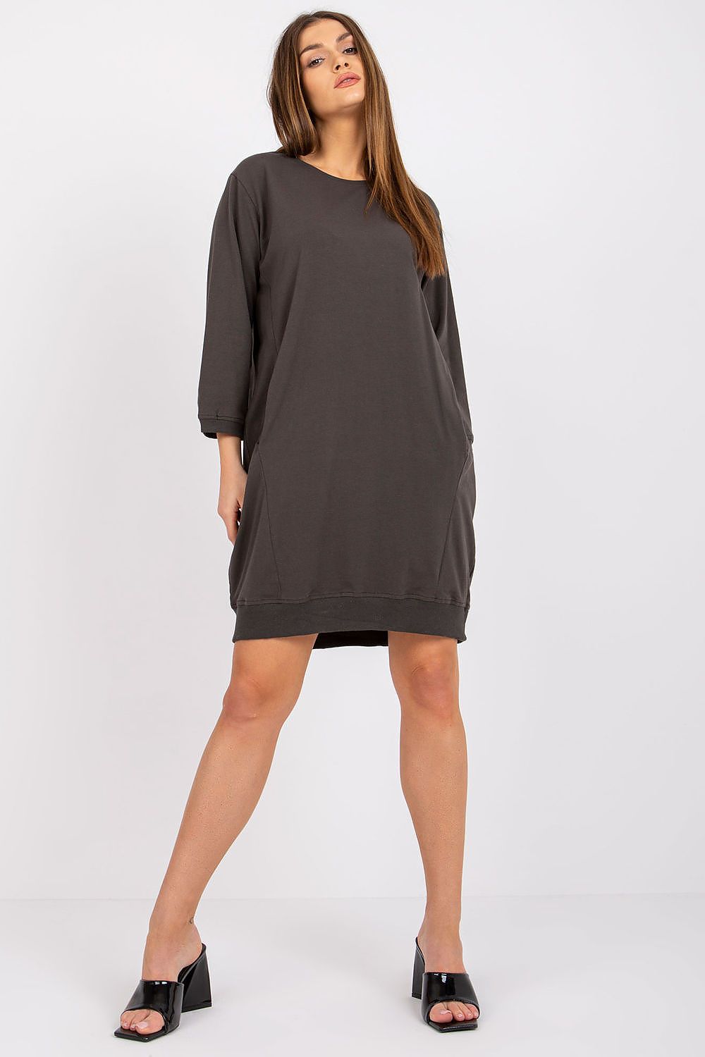 Damen Casual Baumwollkleid Locker, 3/4-Ärmel & Eingriffstaschen von Relevance dunkelgrau
