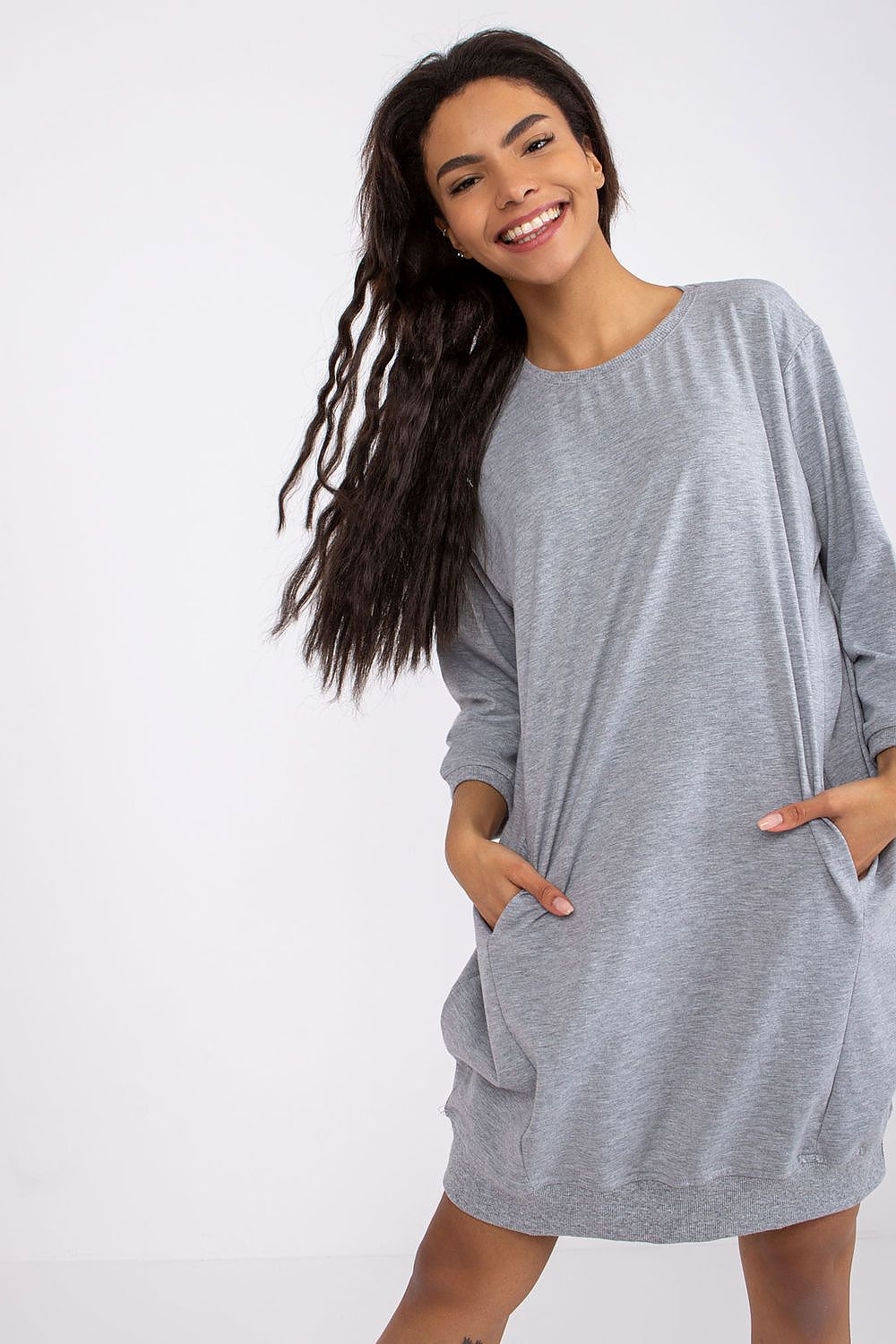Damen Casual Baumwollkleid Locker, 3/4-Ärmel & Eingriffstaschen von Relevance grau