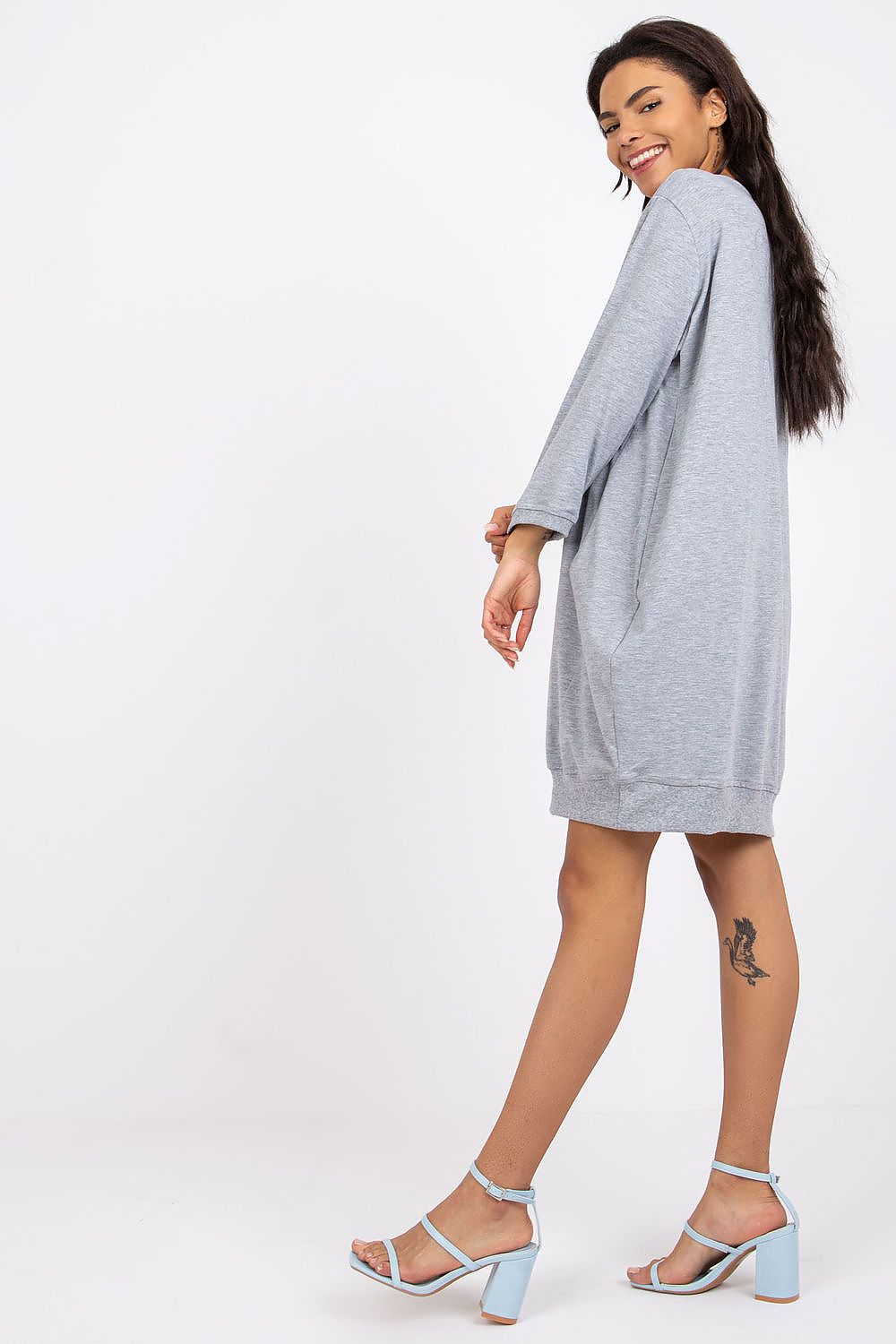 Damen Casual Baumwollkleid Locker, 3/4-Ärmel & Eingriffstaschen von Relevance grau Seitenansicht