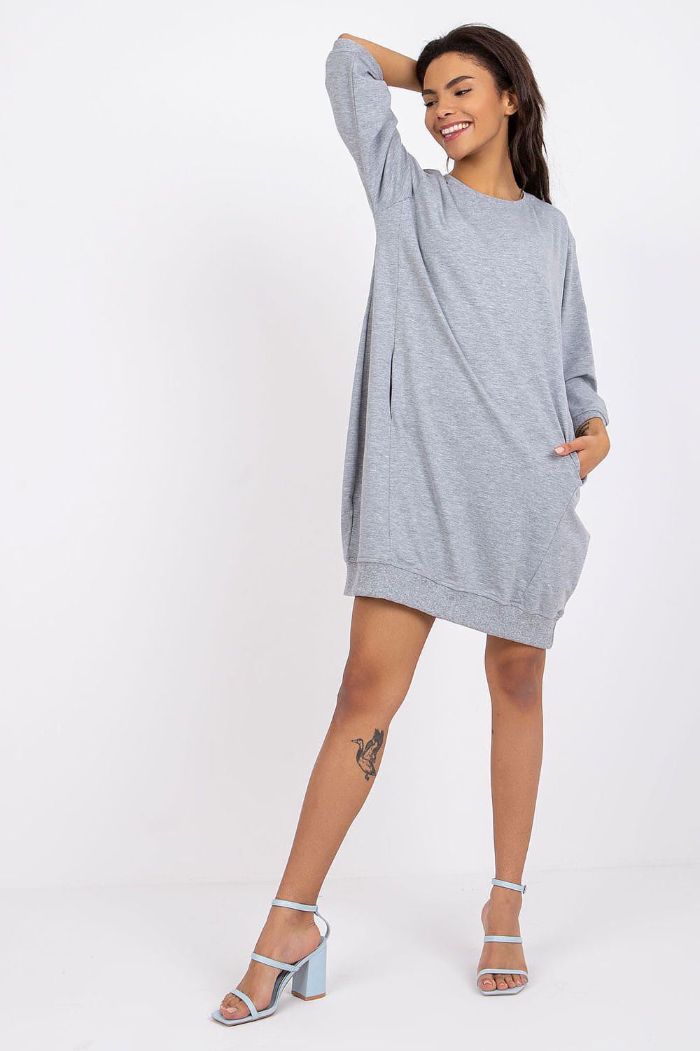 Damen Casual Baumwollkleid Locker, 3/4-Ärmel & Eingriffstaschen von Relevance grau Vorderseite