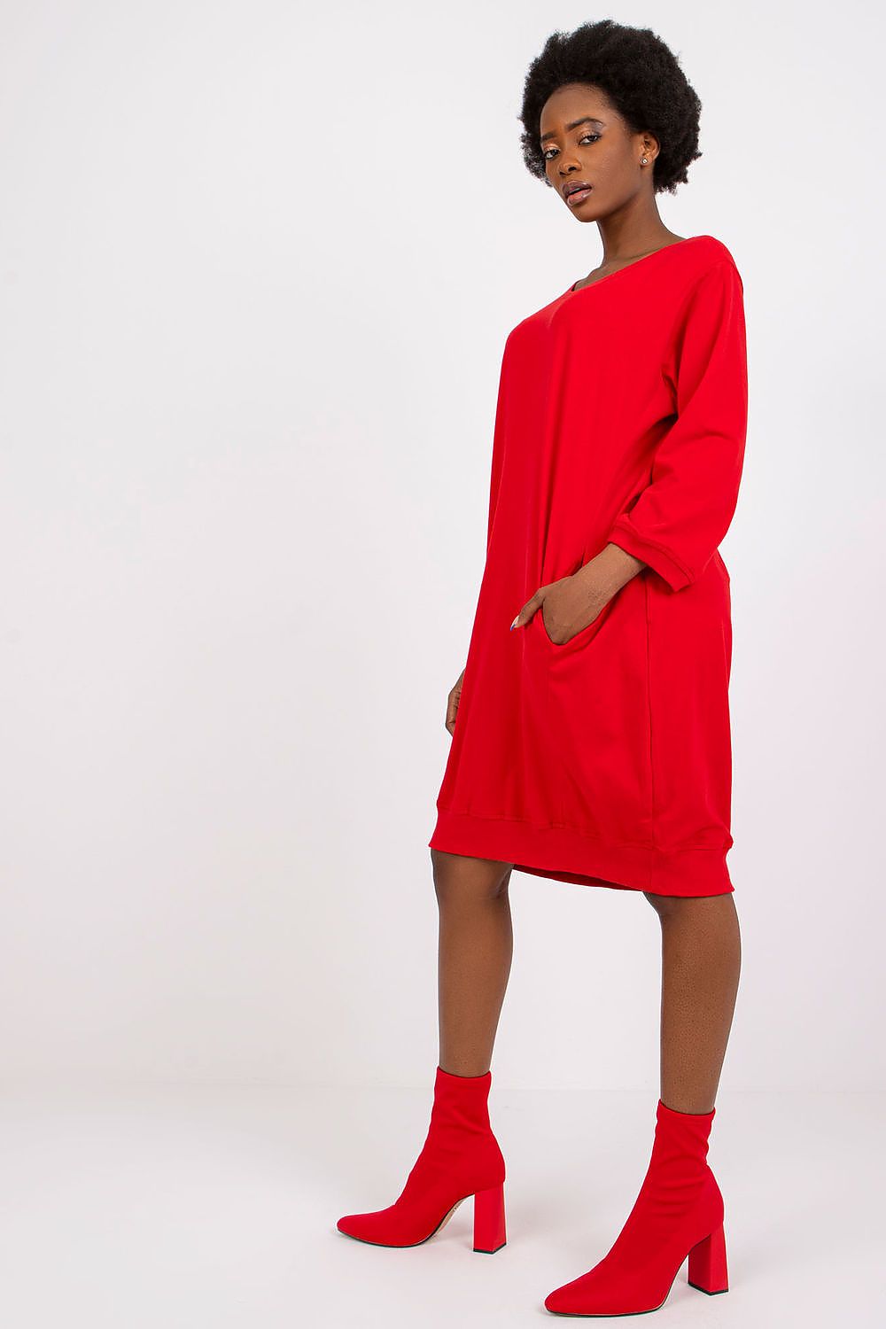 Damen Casual Baumwollkleid Locker, 3/4-Ärmel & Eingriffstaschen von Relevance rot