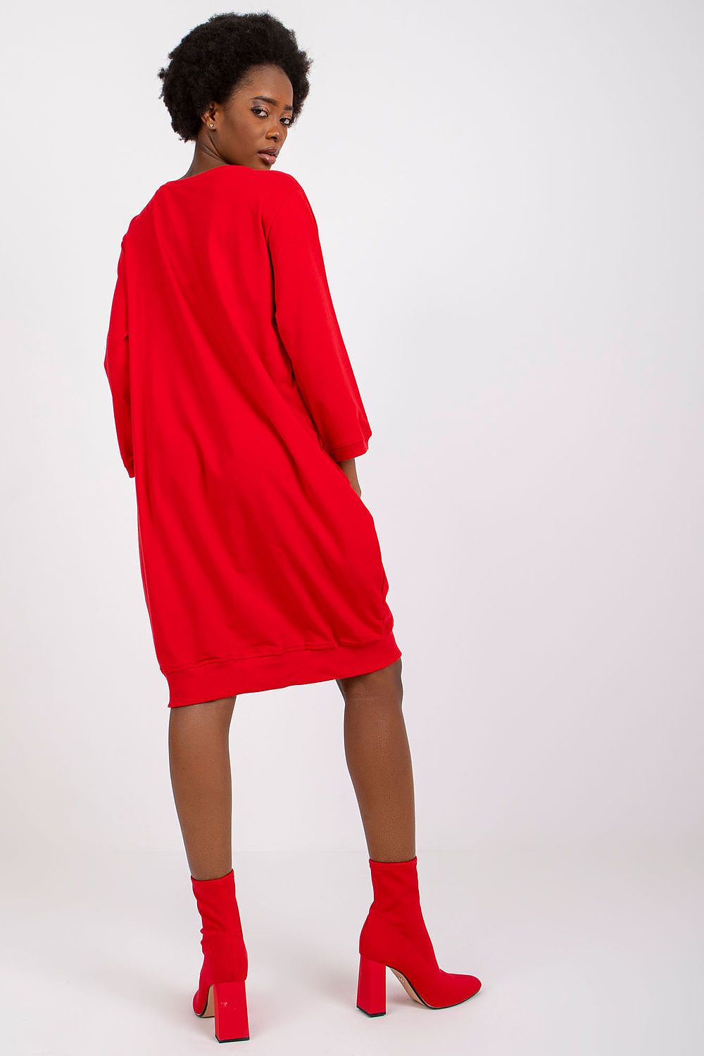 Damen Casual Baumwollkleid Locker, 3/4-Ärmel & Eingriffstaschen von Relevance rot Rückseite
