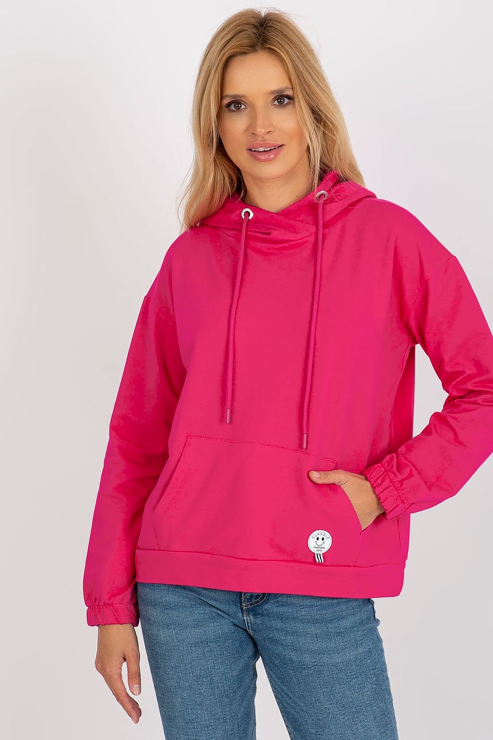 Damen Casual Hoodie, Kapuze, Kängurutasche & Aufnäher, Baumwolle von Relevance pink