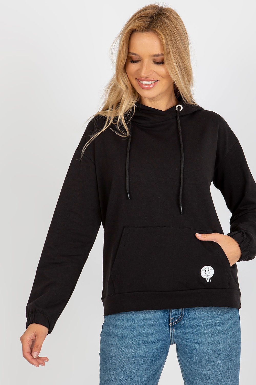 Damen Casual Hoodie, Kapuze, Kängurutasche & Aufnäher, Baumwolle von Relevance schwarz