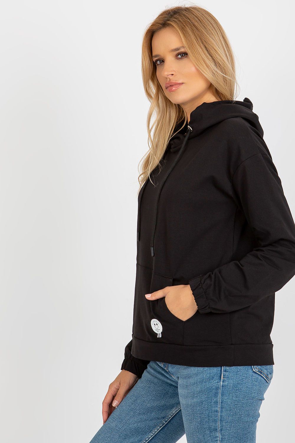 Damen Casual Hoodie, Kapuze, Kängurutasche & Aufnäher, Baumwolle von Relevance schwarz Seitenansicht