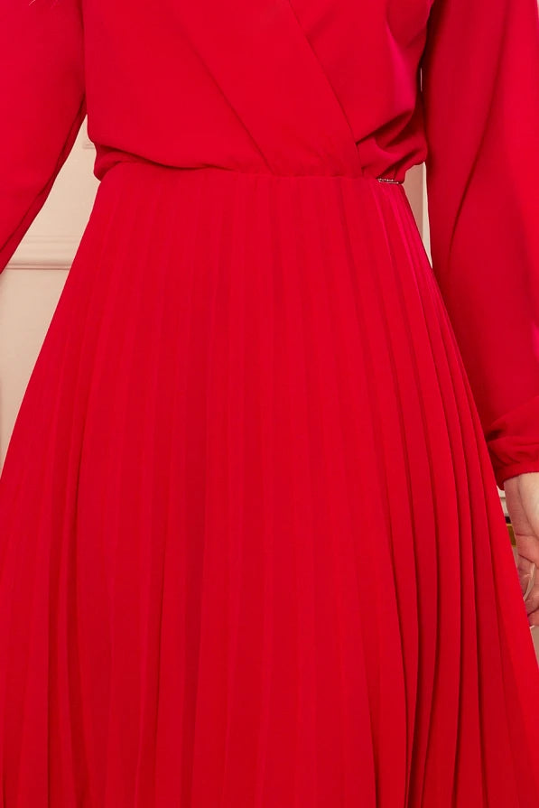 Damen Chiffon Plissee Cocktailkleid von Numoco rot Ausschnitt
