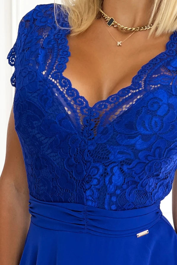 Damen Chiffonkleid Abendkleid mit Spitzenausschnitt von Numoco blau Ausschnitt