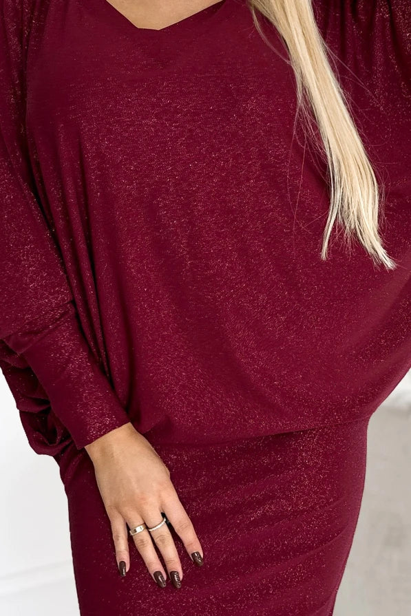 Damen Fledermausschnitt Kleid von Numoco weinrot Ausschnitt