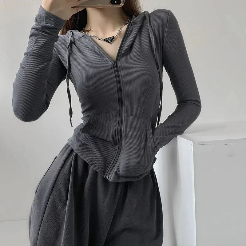 Damen Harajuku Steetwear Crop Strickjacke, mit Kapuze, langarm