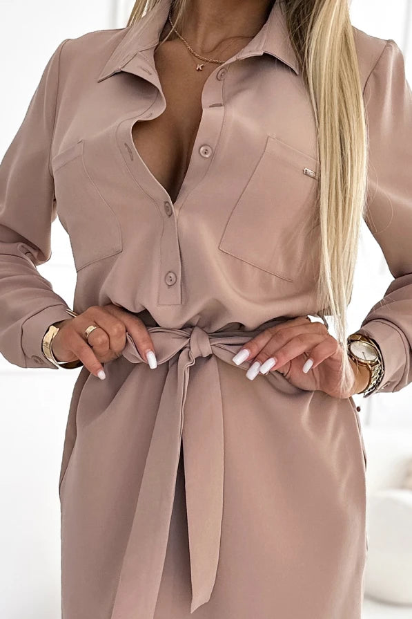 Damen Hemdkleid CAMILLE mit Taschen und Bindeband von Numoco beige Ausschnitt