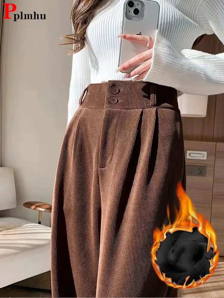 Damen Hohe Taille  Samt Hose mit weitem Bein warm