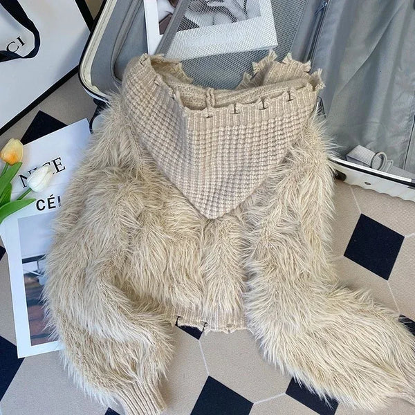 Damen Kapuzen Strickjacke mit Fell