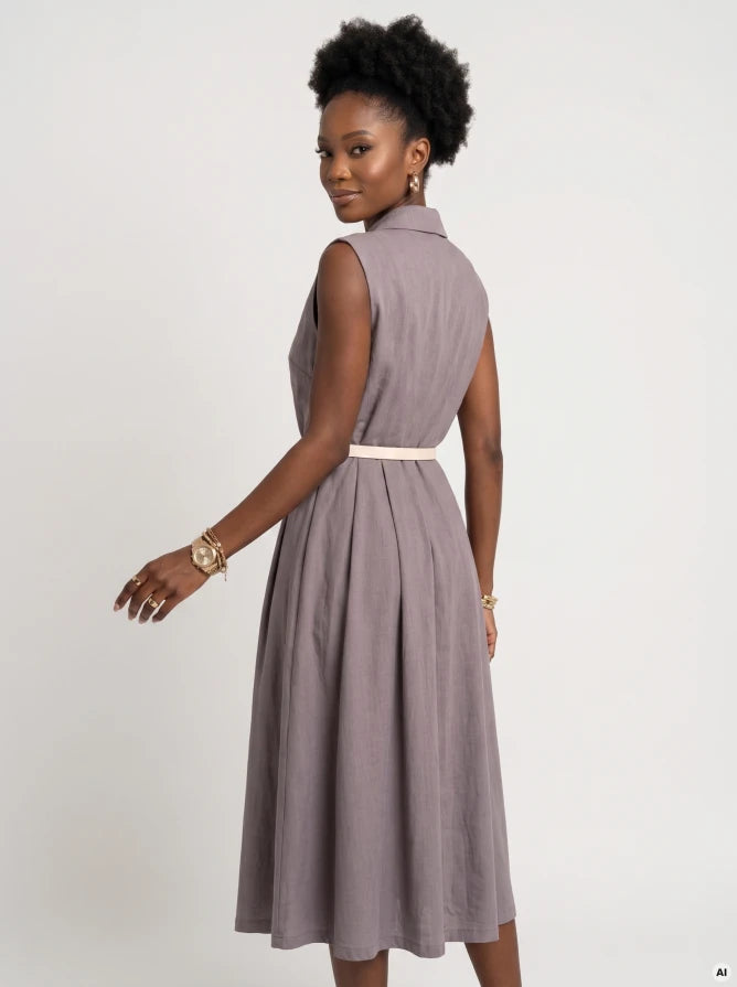 Damen Kleid Reverskragen, zweireihige Knöpfe & Taillengürtel Numoco Basic grau Y2K-Stil Outfit Rückenansicht