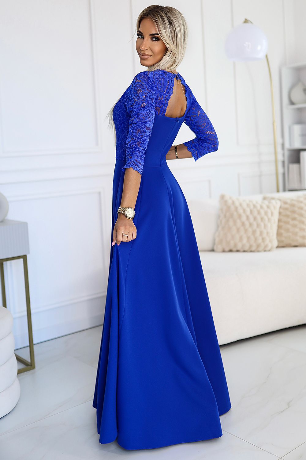 Damen Langes Abendkleid mit Spitze von Numoco blau Seitenansicht