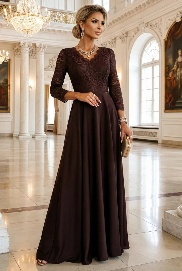 Damen Langes Abendkleid mit Spitze von Numoco braun Outfit Inspo