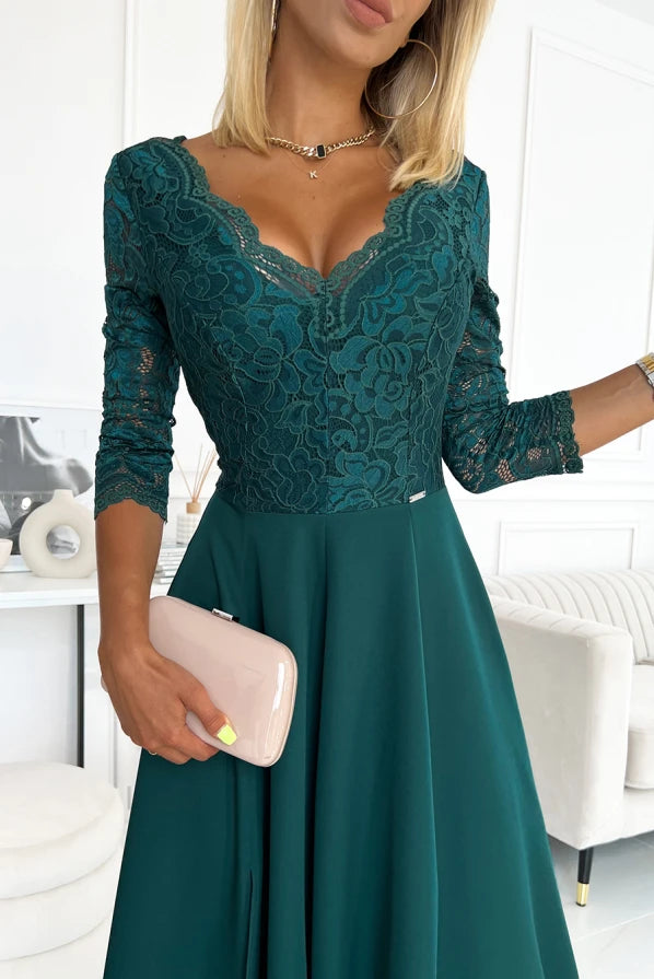 Damen Langes Abendkleid mit Spitze von Numoco grün Ausschnitt vorne