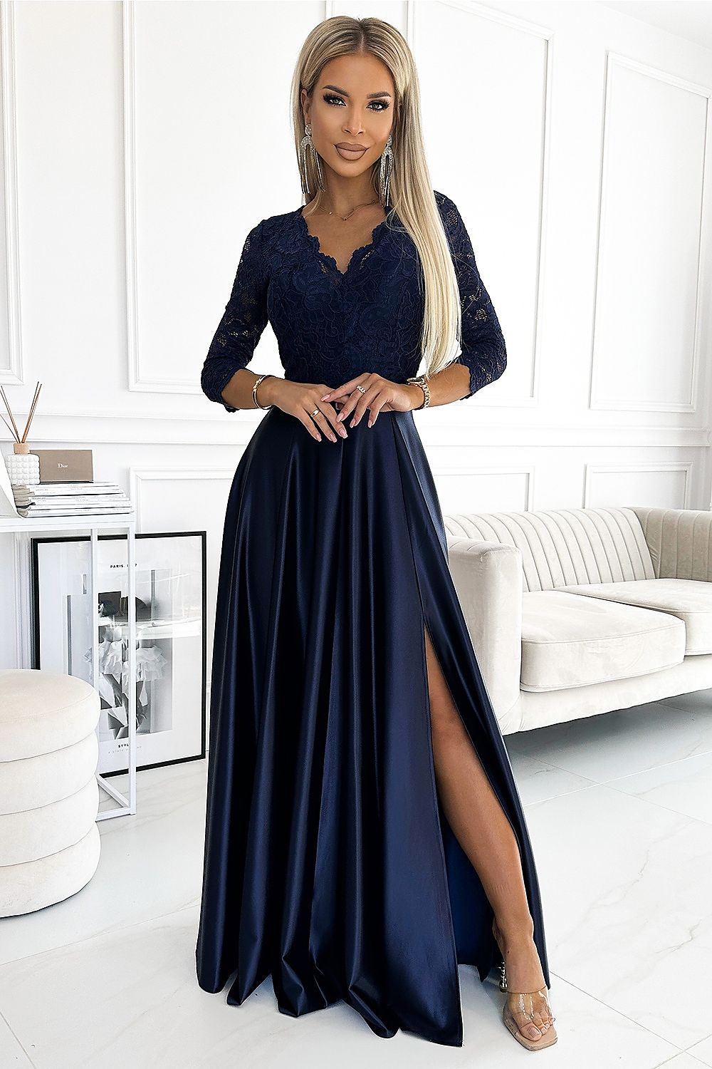 Damen Langes Abendkleid mit Spitze von Numoco mitternachtsblau