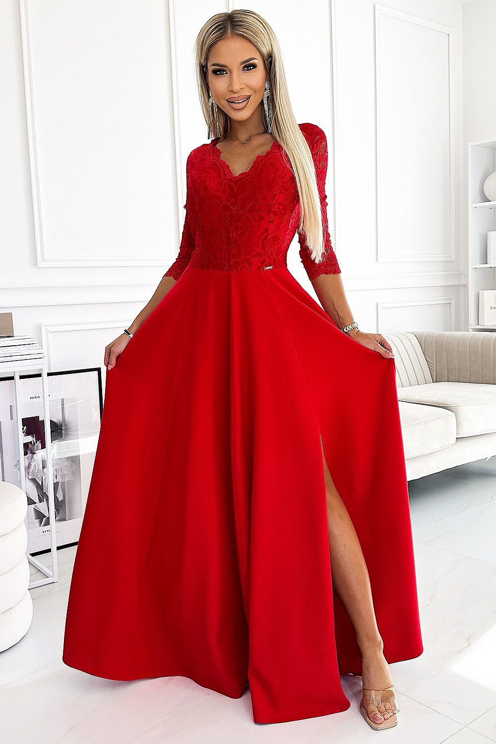 Damen Langes Abendkleid mit Spitze von Numoco rot