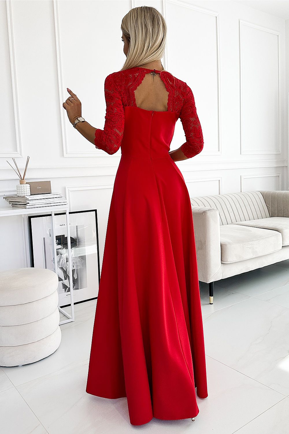 Damen Langes Abendkleid mit Spitze von Numoco rot Rückseite