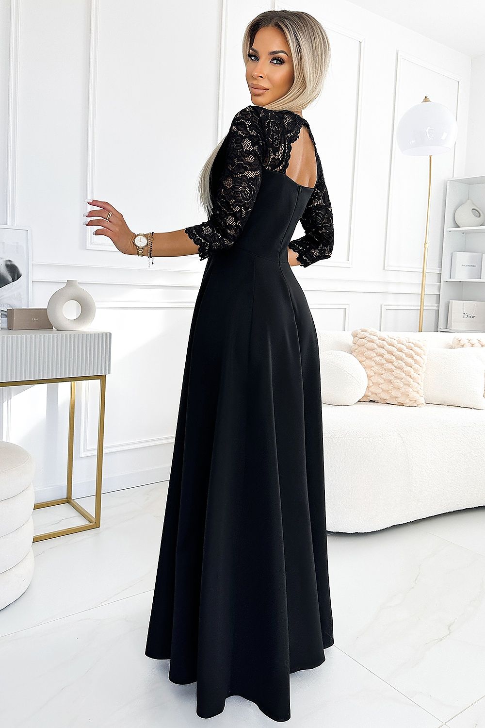 Damen Langes Abendkleid mit Spitze von Numoco schwarz Seitenansicht
