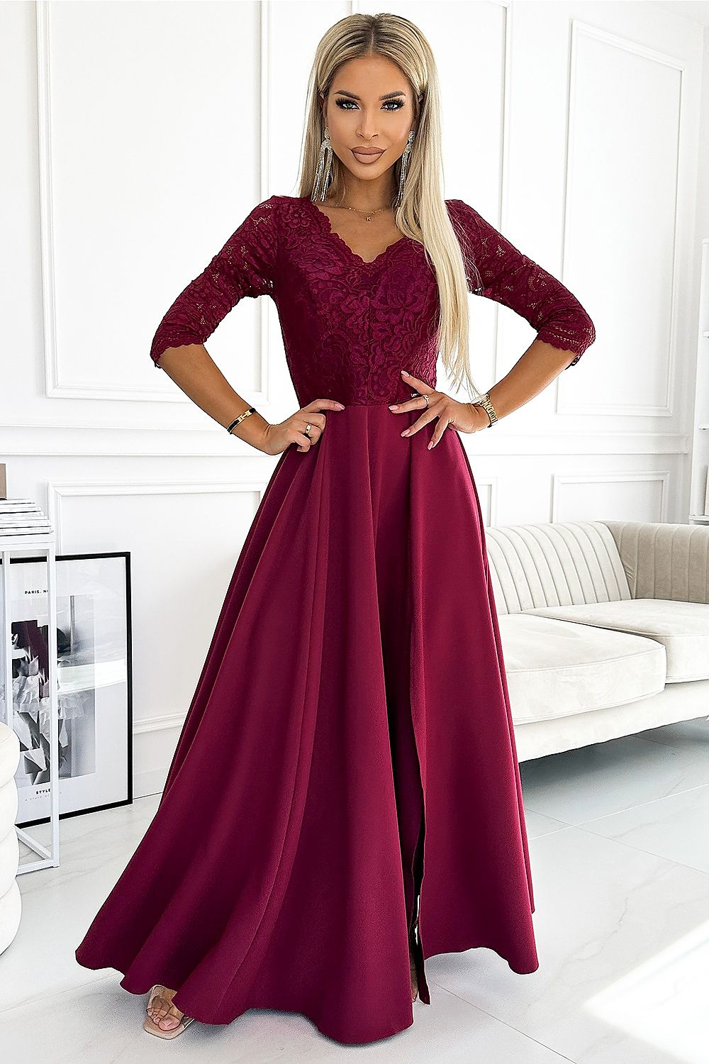 Damen Langes Abendkleid mit Spitze von Numoco weinrot