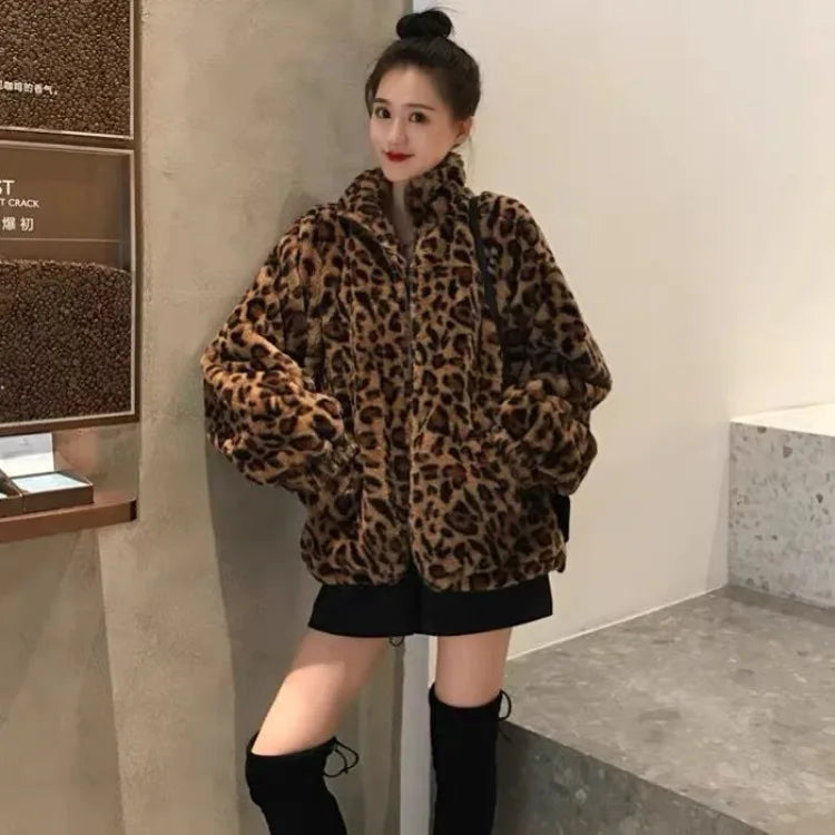 Damen Leoparden Print lockere Kunstpelz Jacke