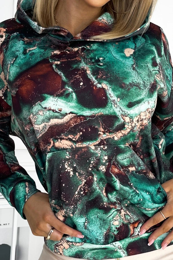 Damen Marmor Känguru-Hoodie von Numoco braun Ausschnitt 