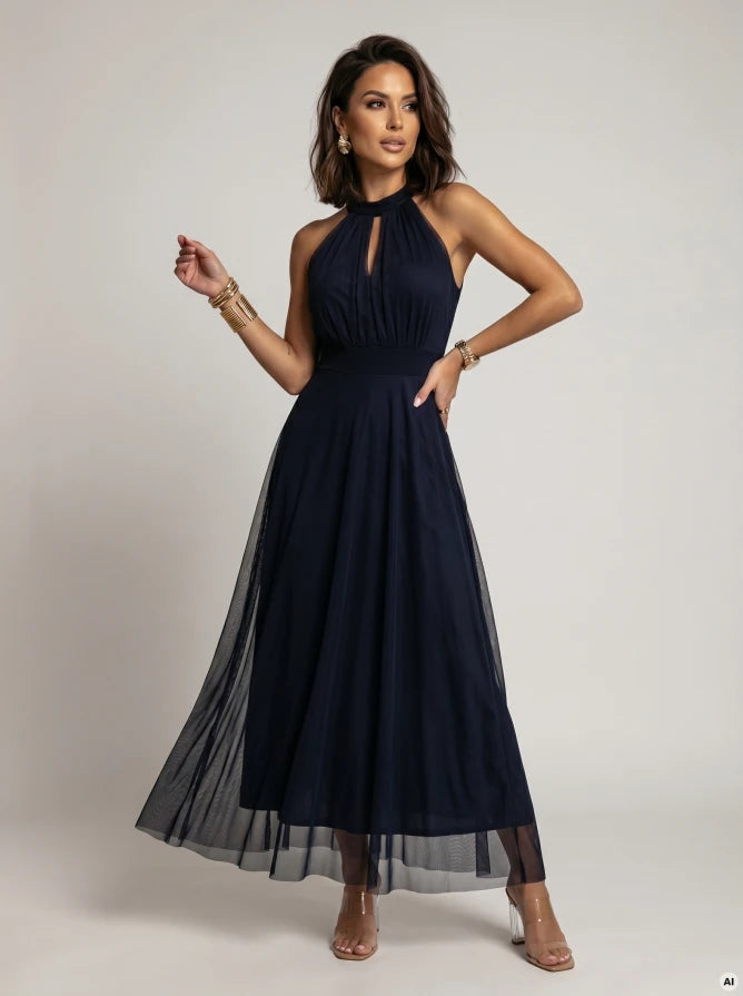 Damen Maxi-Kleid Neckholder, Taillenbindung & Tüllschicht Numoco Basic marineblau Quiet Luxury Outfit Vorderansicht