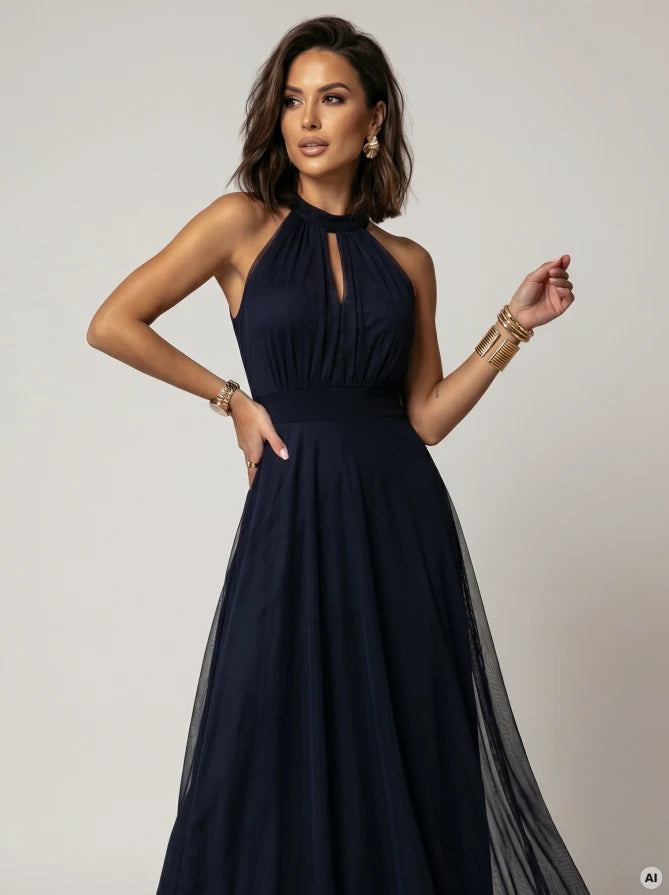 Damen Maxi-Kleid Neckholder, Taillenbindung & Tüllschicht Numoco Basic marineblau Quiet Luxury Outfit Vorderseite