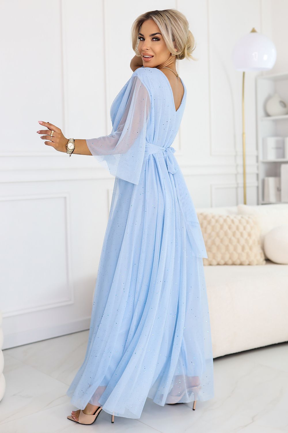 Damen Maxi-Kleid Plus-Size, Wickelausschnitt, Tüllärmel, Glitzer & Bindegürtel Numoco blau Rückseite