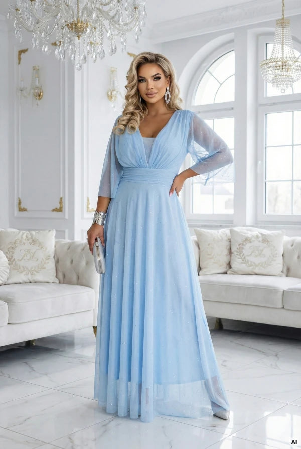 Damen Maxi-Kleid Plus-Size, Wickelausschnitt, Tüllärmel, Glitzer & Bindegürtel Numoco blau Vorderseite Plus Size