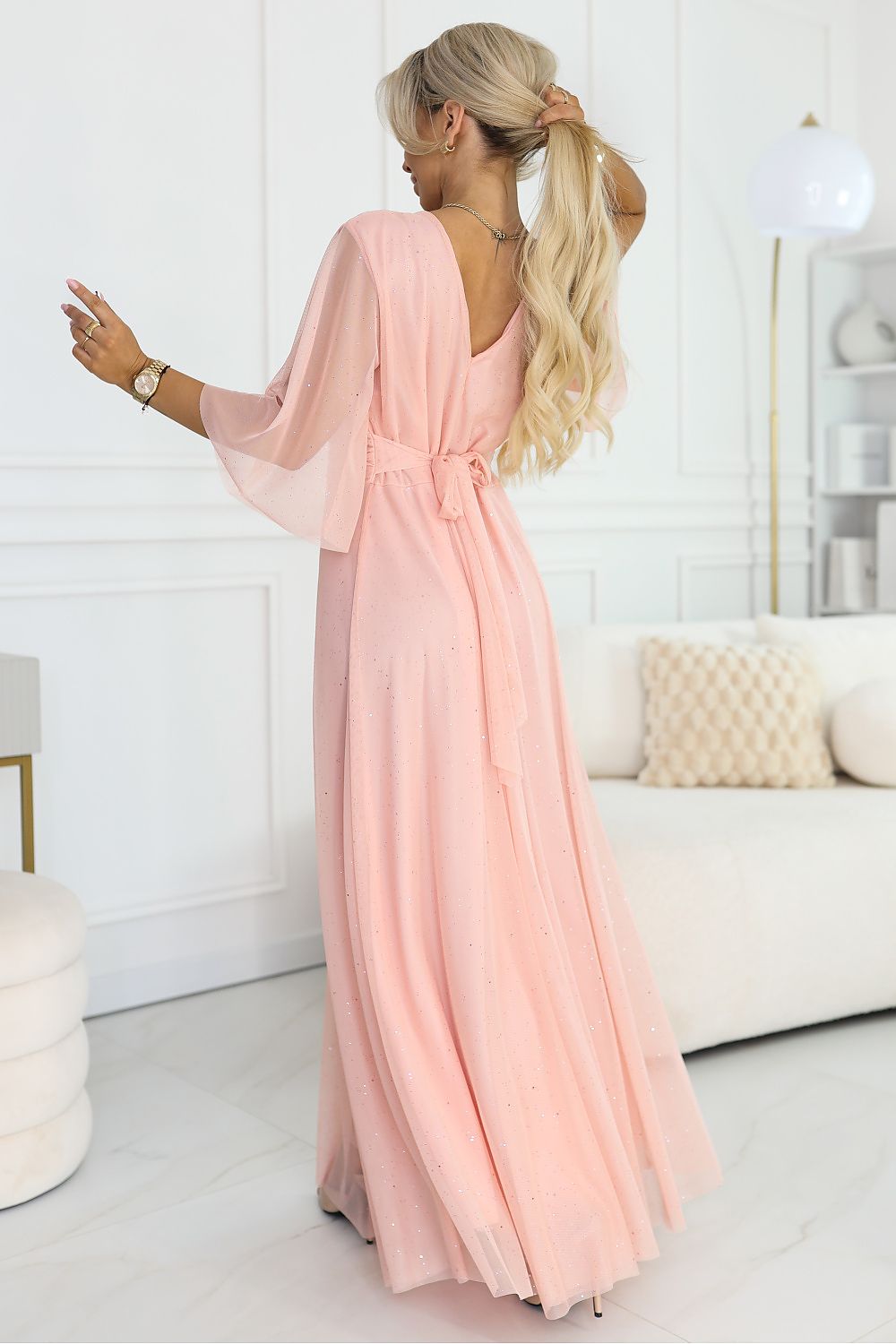 Damen Maxi-Kleid Plus-Size, Wickelausschnitt, Tüllärmel, Glitzer & Bindegürtel Numoco rosa Rückseite