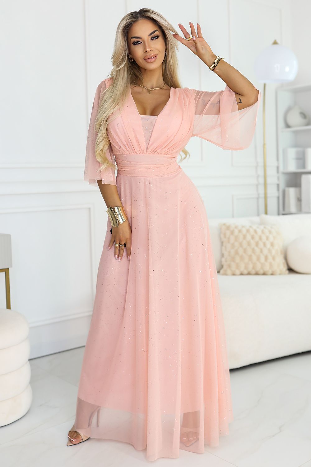 Damen Maxi-Kleid Plus-Size, Wickelausschnitt, Tüllärmel, Glitzer & Bindegürtel Numoco rosa Vorderansicht