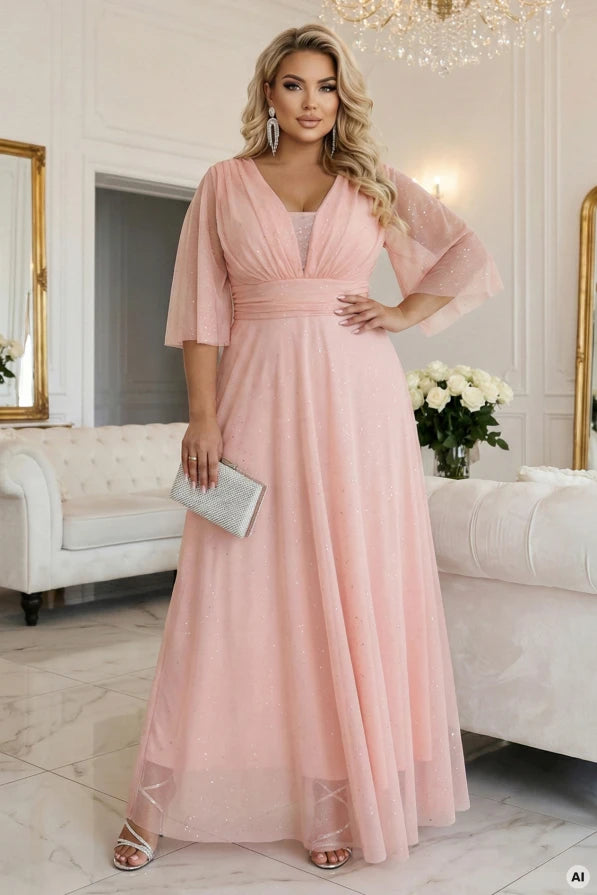 Damen Maxi-Kleid Plus-Size, Wickelausschnitt, Tüllärmel, Glitzer & Bindegürtel Numoco rosa Vorderseite Plus Size