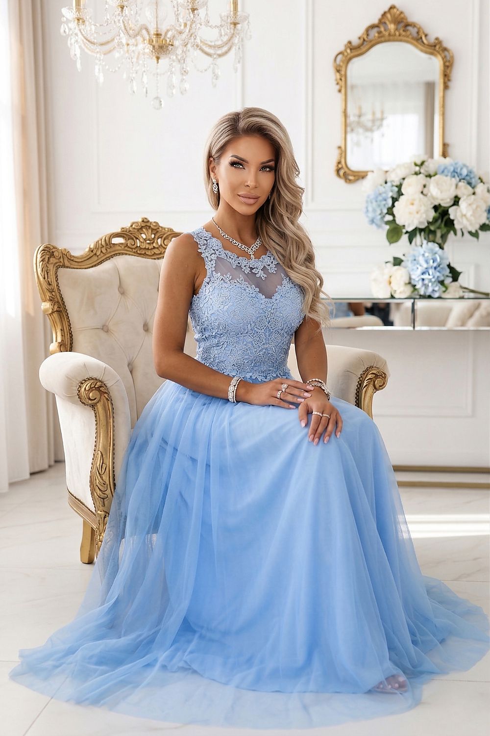 Damen Maxi-Kleid Spitzenoberteil, Tüllrock & Taillenschnürung – Hochzeit & Ball Numoco Basic hellblau Outfit Inspo