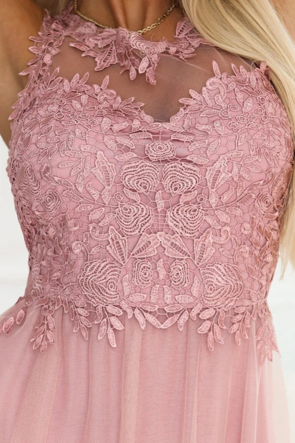 Damen Maxi-Kleid Spitzenoberteil, Tüllrock & Taillenschnürung – Hochzeit & Ball Numoco Basic rosa Detail Ausschnitt