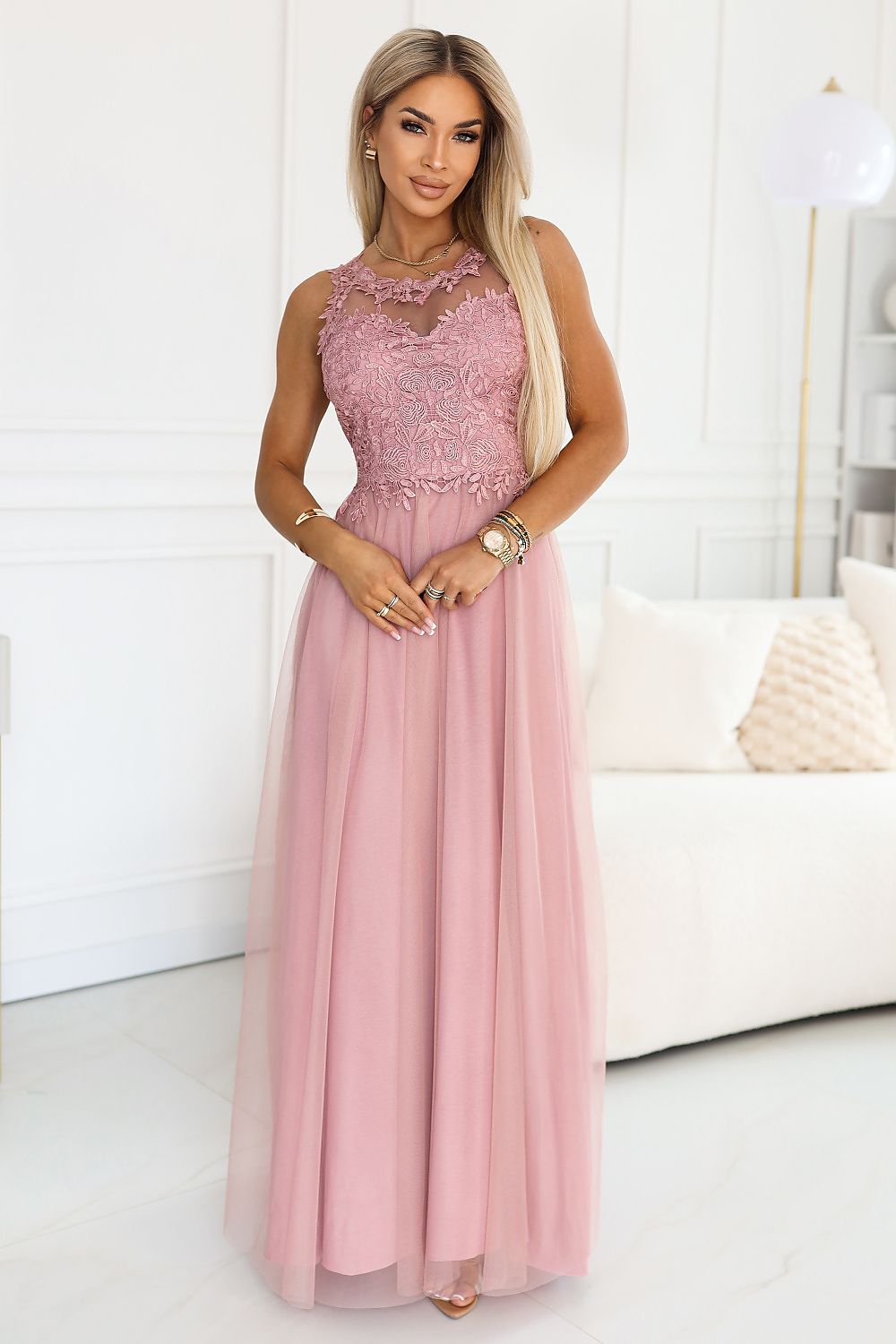 Damen Maxi-Kleid Spitzenoberteil, Tüllrock & Taillenschnürung – Hochzeit & Ball Numoco Basic rosa Vorderansicht