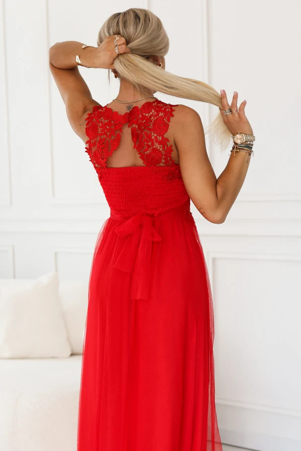Damen Maxi-Kleid Spitzenoberteil, Tüllrock & Taillenschnürung – Hochzeit & Ball Numoco Basic rot Rückenansicht