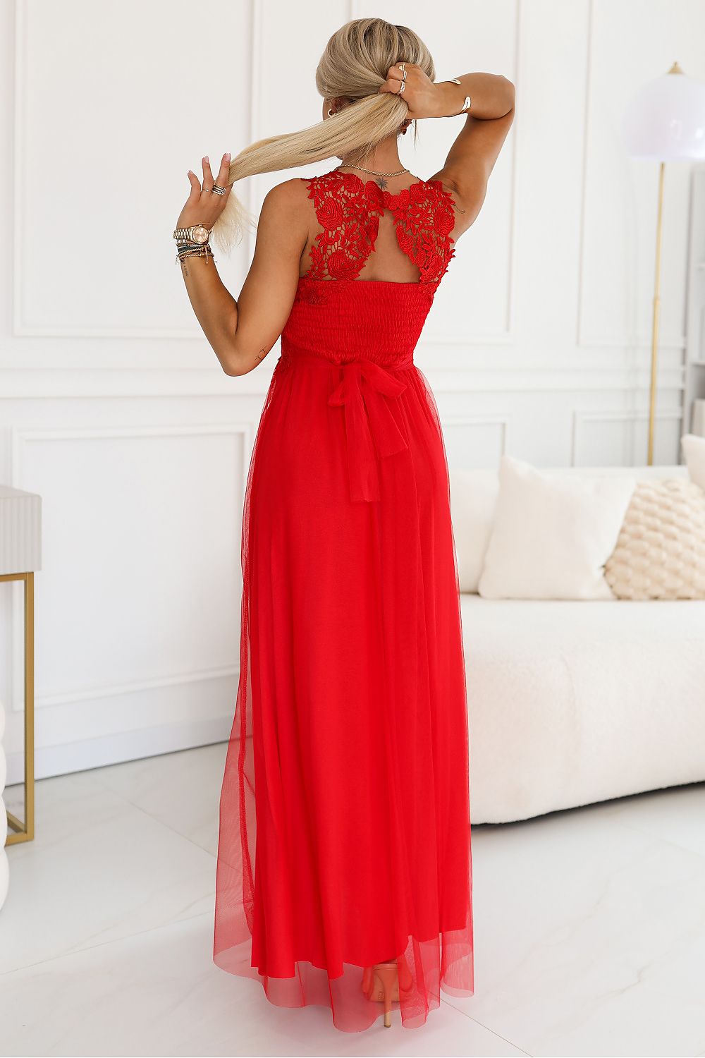 Damen Maxi-Kleid Spitzenoberteil, Tüllrock & Taillenschnürung – Hochzeit & Ball Numoco Basic rot Rückseite