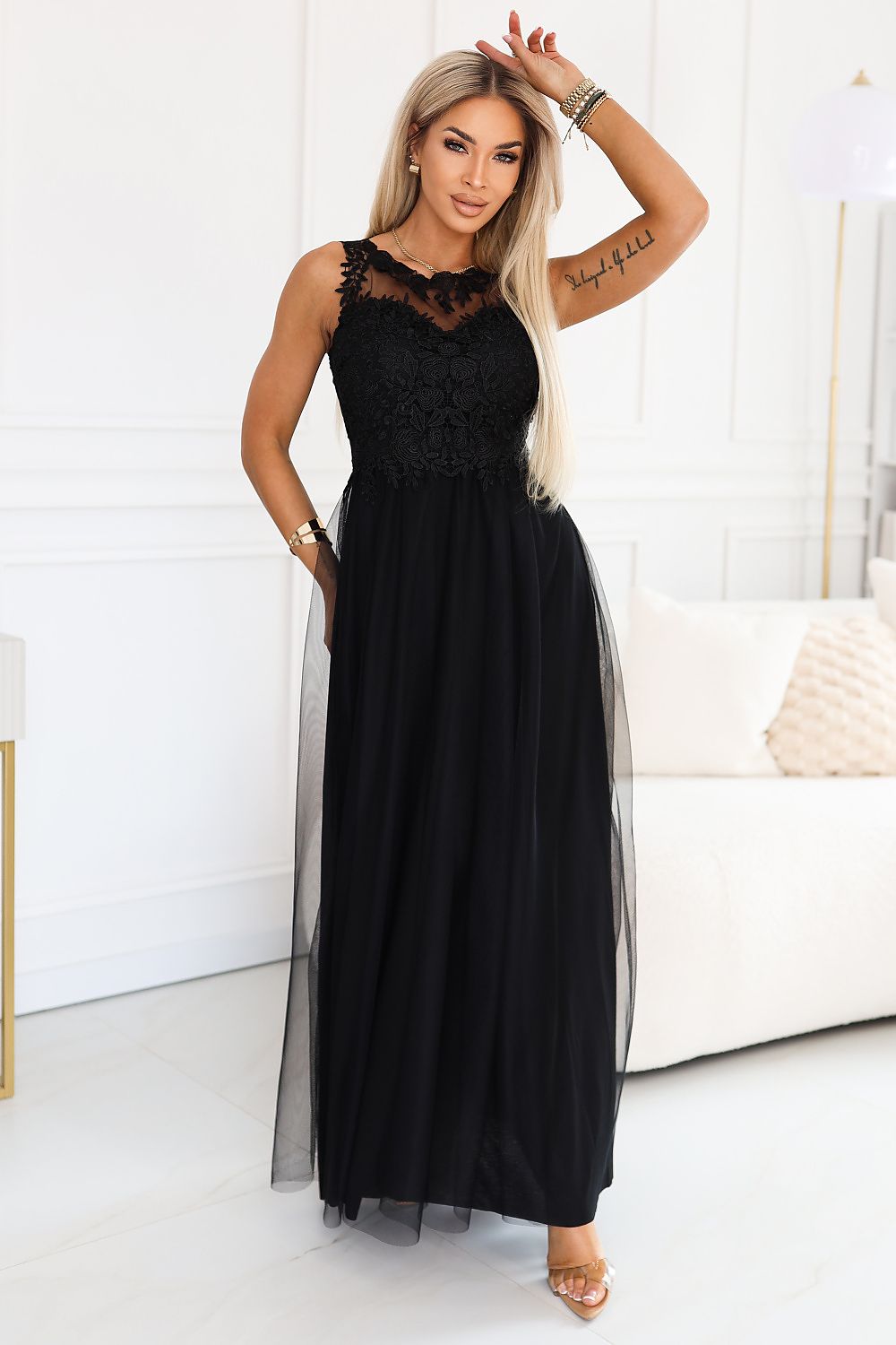 Damen Maxi-Kleid Spitzenoberteil, Tüllrock & Taillenschnürung – Hochzeit & Ball Numoco Basic schwarz Vorderseite