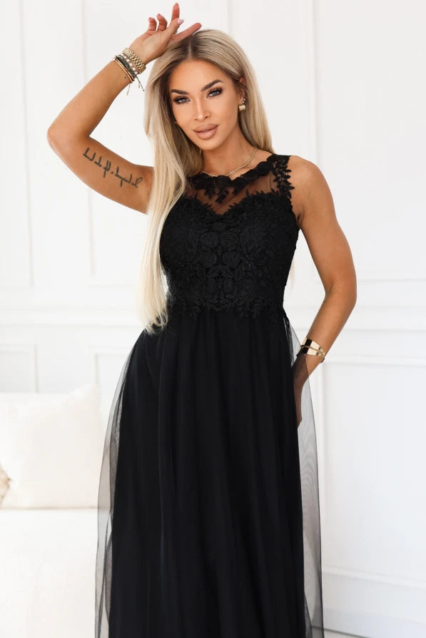 Damen Maxi-Kleid Spitzenoberteil, Tüllrock & Taillenschnürung – Hochzeit & Ball Numoco Basic schwarz Vorderseite