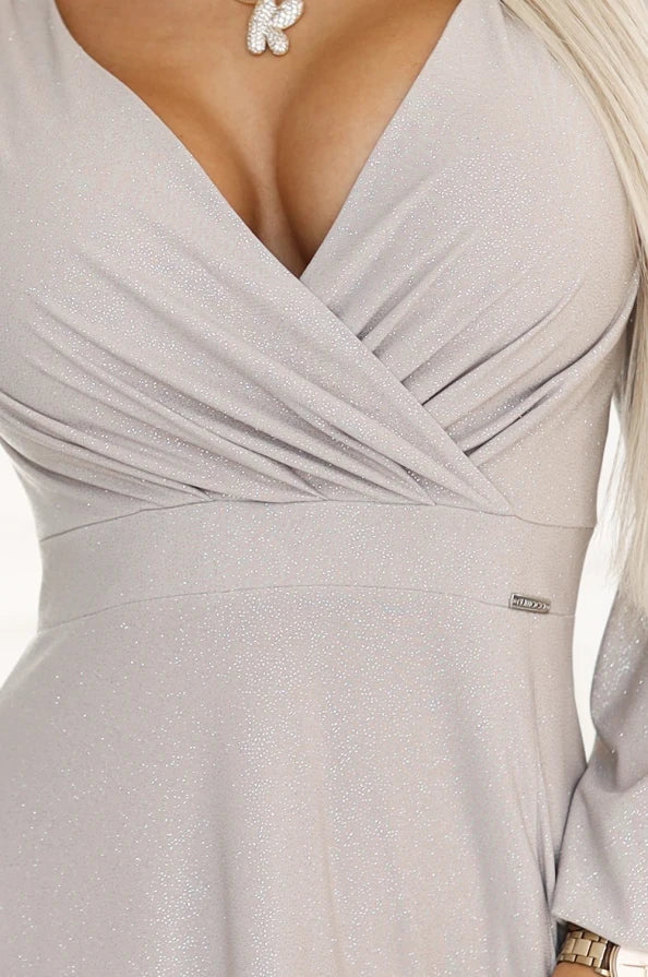 Damen Maxi-Kleid mit Bishop Ärmel von Numoco beige Ausschnitt