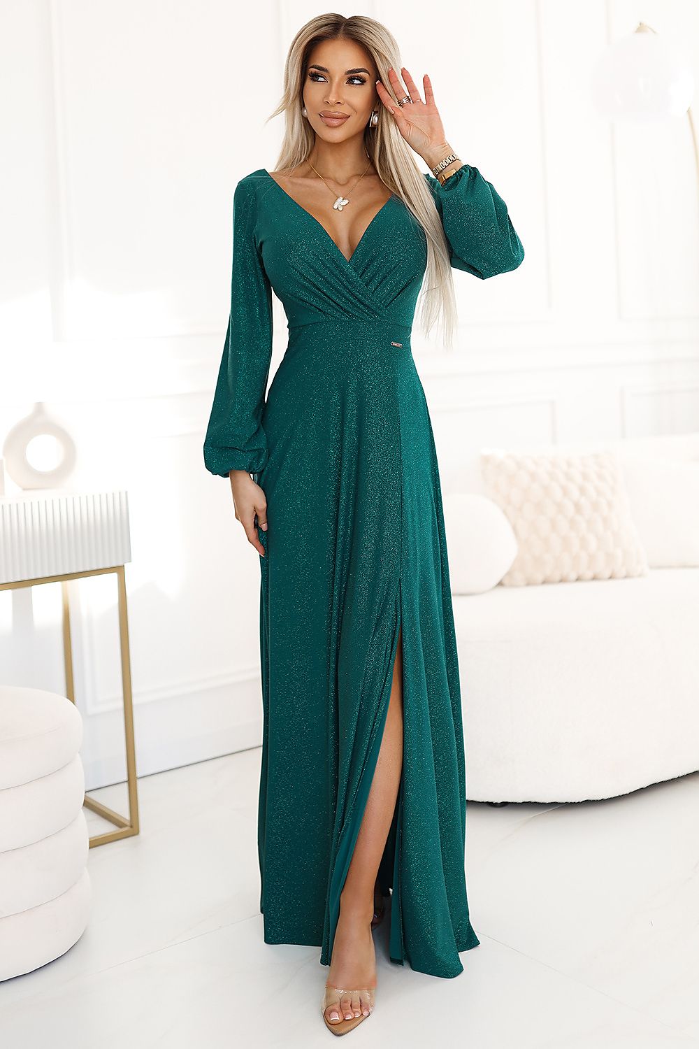Damen Maxi-Kleid mit Bishop Ärmel von Numoco grün
